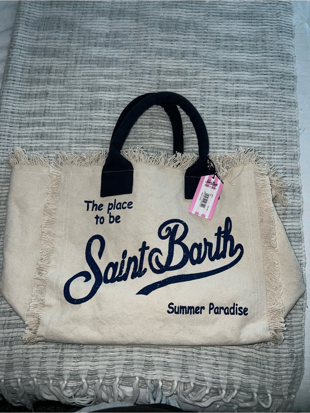 MC2 Saint Barth Canvas Tote Bag in Natural with Navy Print